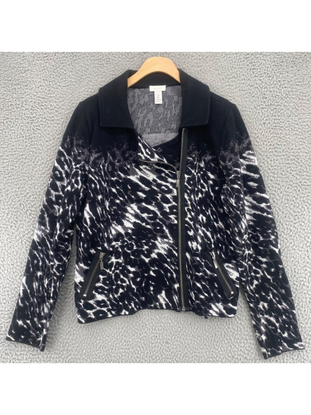 Chicos Jacket Womens 2 US Large Black Leopard Print Knit Stretch Motorcycle Zip